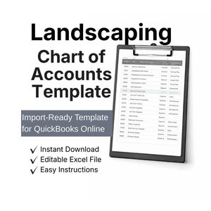 Könnte beinhalten: Ein schwarzes Klemmbrett zeigt eine Vorlage für einen Kontenplan für die Landschaftsgestaltung. Der Text lautet "Landscaping Chart of Accounts Template" und "Import-Ready Template for QuickBooks Online." Zusätzlicher Text lautet "Instant Download".