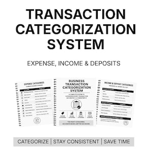 May include: A black and white image of a business transaction categorization system. The text includes "Transaction Categorization System", "Expense, Income & Deposits", and "Categorize | Stay Consistent | Save Time".