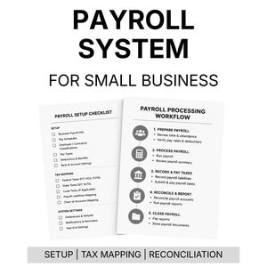 May include: A white graphic with the words "PAYROLL SYSTEM FOR SMALL BUSINESS" in large black text. Below are two checklists: "PAYROLL SETUP CHECKLIST" and "PAYROLL PROCESSING WORKFLOW". The bottom of the graphic has the words "SETUP | TAX MAPPING | RECONCILIATION".