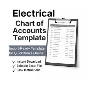 Könnte beinhalten: Ein schwarzes Klemmbrett zeigt eine gedruckte Kontenrahmenvorlage. Der Titel lautet "Electrical Chart of Accounts Template" mit begleitendem Text. Zusätzlicher Text weist darauf hin, dass die Vorlage importfertig für QuickBooks Online ist.