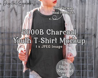 Kids Gildan 5000B Charcoal T-Shirt Mockup | Lifestyle Mock Up of a Boy wearing a G500b Youth Tee Shirt | JPEG File