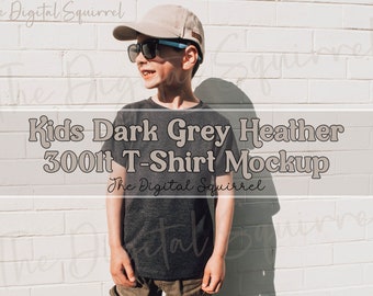 Kids Bella Canvas 3001T Dark Grey Heather T-Shirt Mockup | Outdoor Lifestyle Mock Up of a Boy wearing a 3001t Tee Shirt | JPEG File