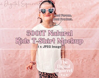 Bella Canvas 3001T Natural T-Shirt Mockup | Indoor Mock Up of a Girl wearing a Kids 3001t Tee Shirt | JPEG File