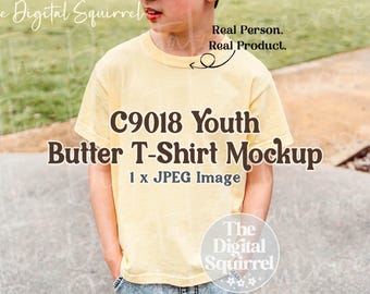 Youth Comfort Colors 9018 Butter T-Shirt Mockup | Lifestyle Mock Up of a Boy wearing a C9018 Youth Tee Shirt | JPEG File