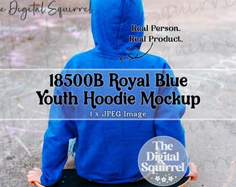 Kids Gildan 18500B Royal Blue Hoodie Mockup | Back View | Outdoor Mock Up of a Boy wearing a Youth G185B Hooded Sweatshirt | JPEG File