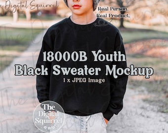 Kids Gildan 18000B Black Sweater Mockup | Outdoor Mock Up of a Boy wearing a G180b Youth Sweatshirt | JPEG File