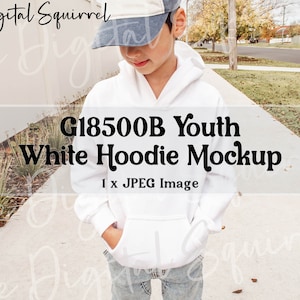Kids Gildan 18500B White Hoodie Mockup | Boy 18500B Youth Hooded Sweatshirt Mock Up | JPEG File