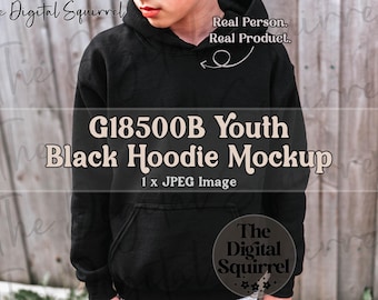 Kids Gildan 18500B Black Hoodie Mockup | Outdoor Mock Up Photo of a Boy wearing a Youth G185b Hooded Sweatshirt | JPEG File