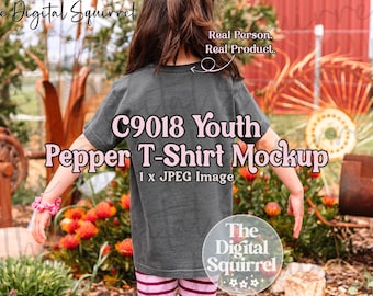 Youth Comfort Colors 9018 Pepper T-Shirt Mockup | Back View Mock Up of a Girl wearing a Kids C9018 Tee Shirt | JPEG File