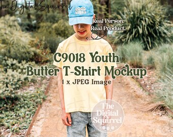 Youth Comfort Colors 9018 Butter T-Shirt Mockup | Outdoor Mock Up of a Boy wearing a C9018 Youth Tee Shirt | JPEG File