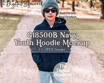 Kids Gildan 18500B Navy Hoodie Mockup | Outdoor Mock Up of a Boy wearing a Youth G185b Hooded Sweatshirt | JPEG File
