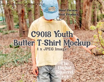 Youth Comfort Colors 9018 Butter T-Shirt Mockup | Lifestyle Mock Up of a Boy wearing a C9018 Youth Tee Shirt | JPEG File