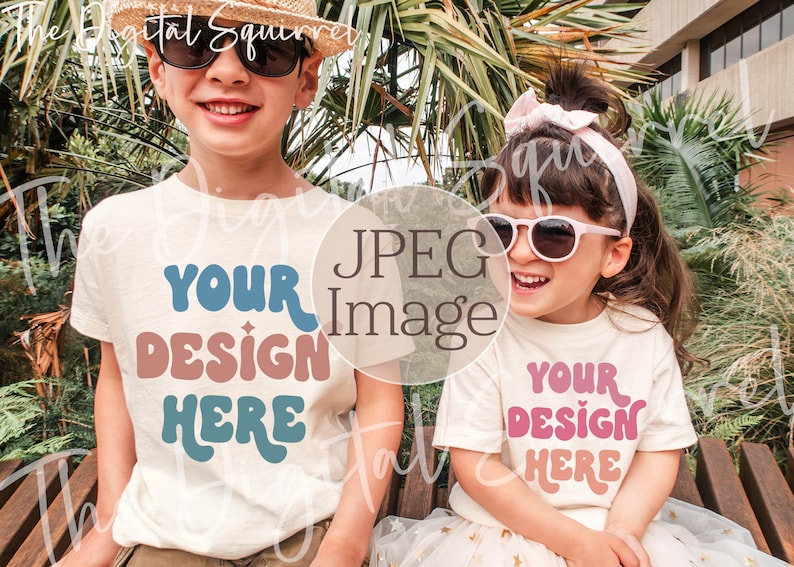 Mockup de Irmãos | Mockup de Camiseta Bella Canvas 3001T Natural | Mockup de Camiseta 3001T para Irmão e Irmã | Mockup Infantil para o Verão | Arquivo JPEG imagem 2