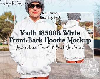 Kids Gildan 18500B White Hoodie Mockup | Front & Back | Lifestyle Mock Up of a Boy wearing a Youth G185b Hooded Sweatshirt | JPEG File