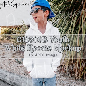 Kids Gildan 18500B White Hoodie Mockup | Kids Hooded Sweatshirt Mock Up | Boy 18500B Outdoor Mockup | JPEG File