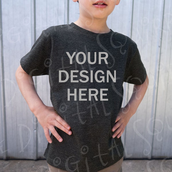 Kids Bella Canvas 3001T Dark Grey Heather T-Shirt Mockup | Kids Mockup | Kids Grey TShirt Mockup | Outdoor Model Mockup | JPEG File