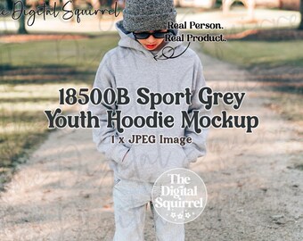 Kids Gildan 18500B Sport Grey Hoodie Mockup | Outdoor Mock Up of a Boy wearing a G185b Youth Hooded Sweatshirt | JPEG File