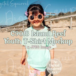 Youth Comfort Colors 9018 Island Reef T-Shirt Mockup | Photo Mock Up of a Girl Wearing C9018 Tee | Kids Summer Beach Mock | JPEG File