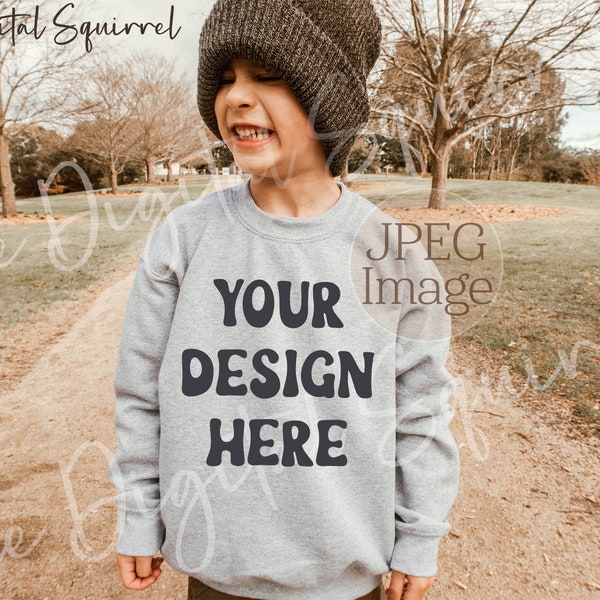 Kids Sweater Mockup | Gildan 18000B Sport Grey Mockup | Boy Sweatshirt Mockup | Kids Fall Autumn Mockup | Winter Outdoor Mockup | JPEG File