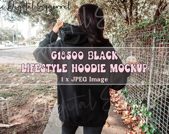 Gildan 18500 Black Hoodie Mockup | Back View | Women's 18500 Oversized Hooded Sweatshirt | Outdoor Lifestyle Mockup | JPEG Image