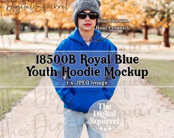 Kids Gildan 18500B Royal Blue Hoodie Mockup | Outdoor Lifestyle Mock Up of a Boy wearing a Youth G185B Hooded Sweatshirt | JPEG File