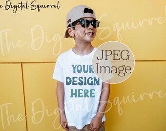 Kids White T-Shirt Summer Mockup | Boy Bella Canvas 3001T White TShirt Outdoor Mockup | JPEG File