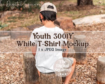 Kids Bella Canvas 3001Y White T-Shirt Mockup | Back View Mock Up of a Boy wearing a Youth 3001y Tee | JPEG File