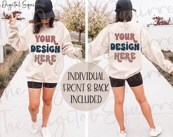 Gildan 18000 Sand Sweater Mockup | Front and Back | Women's 18000 Oversized Sweatshirt Mockup | Outdoor Lifestyle Mock Up | JPEG File