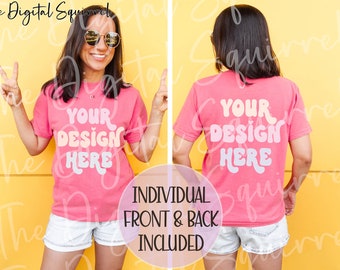 Comfort Colors C1717 Crunchberry T-Shirt Mockup | Front and Back | Women's C1717 Summer Lifestyle Mockup | JPEG Image