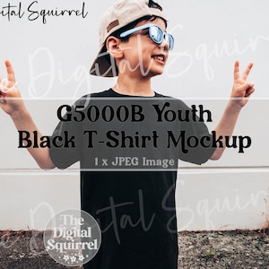 Kids Gildan 5000B Black T-Shirt Mockup | Trendy Outdoor Mock Up Photo of a Boy wearing a G500b Tee Shirt | JPEG File
