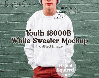 Kids Gildan 18000B White Sweater Mockup | Outdoor Mock Up of a Boy wearing a G180B Youth Sweatshirt | JPEG File