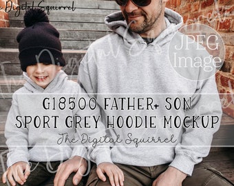 Maqueta de padre e hijo / Maqueta de sudadera con capucha deportiva gris / Maqueta de Gildan 18500 y 18500B / Maqueta de padre e hijo para el Día del Padre / Maqueta de otoño e invierno / Imagen JPEG