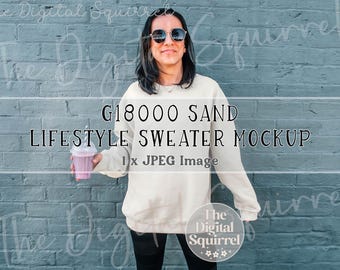 Gildan 18000 Sand Sweater Mockup | Outdoor Lifestyle Mock Up of a Woman wearing a G180 Sweatshirt | JPEG File
