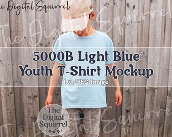 Kids Gildan 5000B Light Blue T-Shirt Mockup | Outdoor Mock Up Photo of a Boy wearing a G500b Tee Shirt | JPEG File