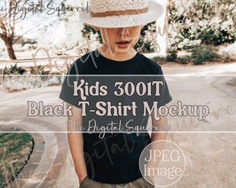 Bella Canvas Kids 3001T Black T-Shirt Mockup | Boy 3001T Mockup | Kids Boho Outdoor Mockup | JPEG File