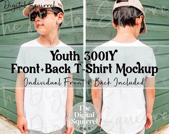 Bella Canvas 3001Y Kids White T-Shirt Mockup | Front and Back Mockup | Boy 3001Y Youth Summer Outdoor Mock Up | JPEG Image