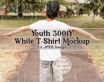 Kids Bella Canvas 3001Y White T-Shirt Mockup | Back View Mock Up of a Boy wearing a Youth 3001y Tee | JPEG File