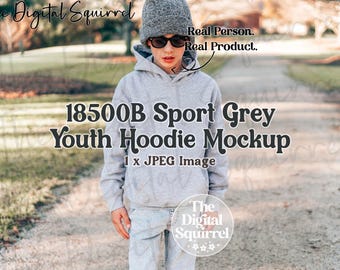 Kids Gildan 18500B Sport Grey Hoodie Mockup | Outdoor Lifestyle Mock Up of a Boy wearing a G185b Youth Hooded Sweatshirt | JPEG File