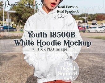 Kids Gildan 18500B White Hoodie Mockup | Lifestyle Mock Up Image of a Boy wearing a G185B Youth Hooded Sweatshirt | JPEG File