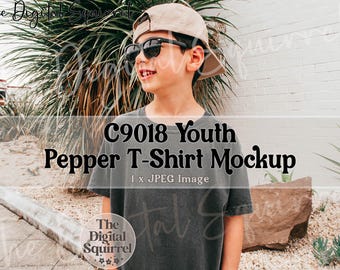 Youth Comfort Colors 9018 Pepper T-Shirt Mockup | Summer Mock Up Photo of a Boy modelling a C9018 Kids Tee Shirt | JPEG File