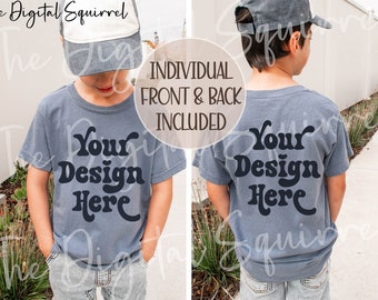 Youth Comfort Colors 9018 Blue Jean T-Shirt Mockup | Boy 9018 Front and Back | Kids Outdoor Mock Up | JPEG Image