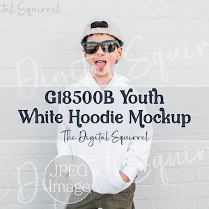 Kids Gildan 18500B White Hoodie Mockup | Boy 18500B Outdoor Hooded Sweatshirt Mock Up | JPEG File