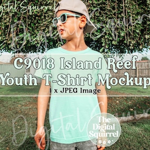 Youth Comfort Colors 9018 Island Reef T-Shirt Mockup | Outdoor Summer Mock Up Photo of a Boy wearing a Kids C9018 Tee Shirt | JPEG File