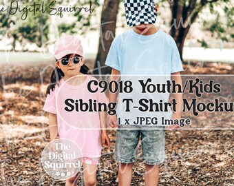 Youth Comfort Colors 9018 T-Shirt Mockup | Sibling Mock Up Photo of a Boy and Girl wearing C9018 Kids Tee Shirts | JPEG File