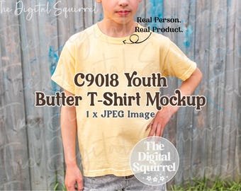 Youth Comfort Colors 9018 Butter T-Shirt Mockup | Outdoor Mock Up of a Boy wearing a C9018 Youth Tee Shirt | JPEG File