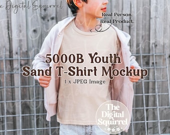 Kids Gildan 5000B Sand T-Shirt Mockup | Lifestyle Mock Up Photo of a Boy wearing a G500B Youth Tee Shirt | JPEG File