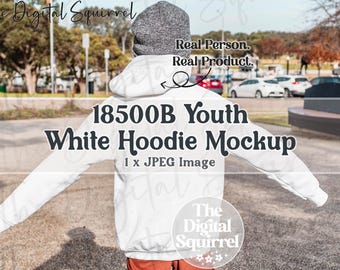 Kids Gildan 18500B White Hoodie Back View Mockup | Lifestyle Mock Up of a Boy wearing a G185B Youth Hooded Sweatshirt | JPEG File