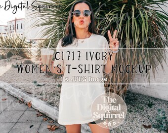 Comfort Colors C1717 Ivory T-Shirt Mockup | Women's C1717 Oversized Shirt Mockup | Summer Outdoor Lifestyle Mockup | JPEG Image