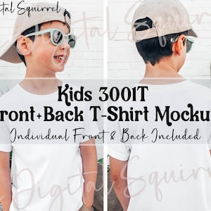 Bella Canvas 3001T キッズ ホワイト Tシャツ モックアップ | 前面と背面のモックアップ | 男の子用 3001T 夏用アウトドア モックアップ | JPEG 画像