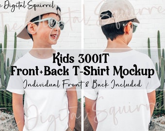 Mockup da camiseta infantil branca Bella Canvas 3001T | Frente e verso | Mockup de verão para meninos | Imagem JPEG
